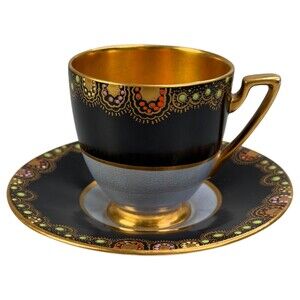 Carlton Ware Demitasse Cup Saucer Black Gold Gilt Raised Lace Border England VTG
